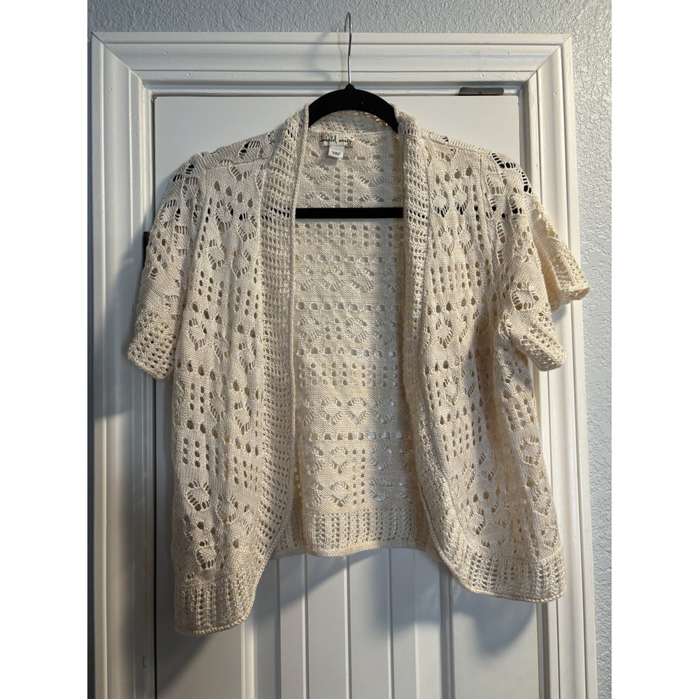 World Unity Cardigan Womens Medium Cream Crochet Knit Short Sleeve Open Front M
